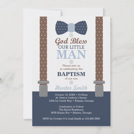 Little Man Baptism Invitation, Navy Blue, Brown Kaart (Voorkant)