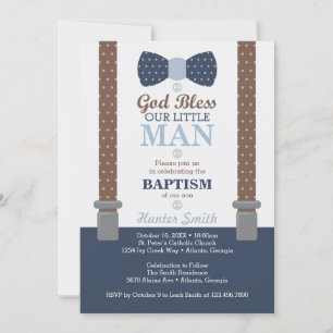 Little Man Baptism Invitation, Navy Blue, Brown Kaart