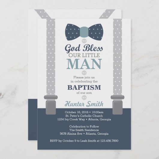 Little Man Baptism Invitation, Navy Blue, Grey Kaart (Voorkant / Achterkant)