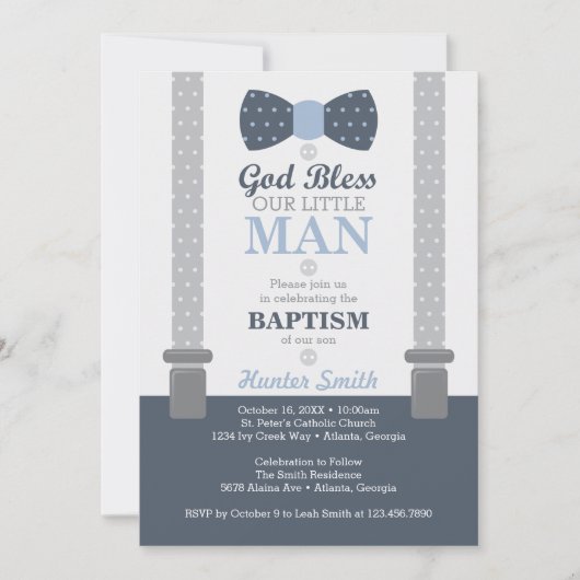 Little Man Baptism Invitation, Navy Blue, Grey Kaart (Voorkant)