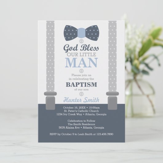 Little Man Baptism Invitation, Navy Blue, Grey Kaart (Staand voorkant)