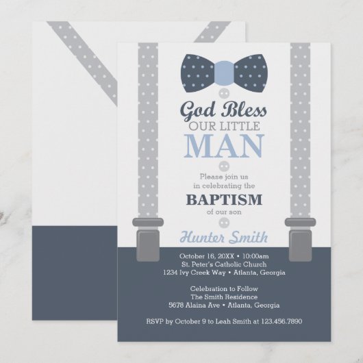 Little Man Baptism Invitation, Navy Blue, Grey Kaart (Voorkant / Achterkant)