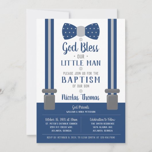 Little Man Baptism Invitation, Navy, Grey Kaart (Voorkant)