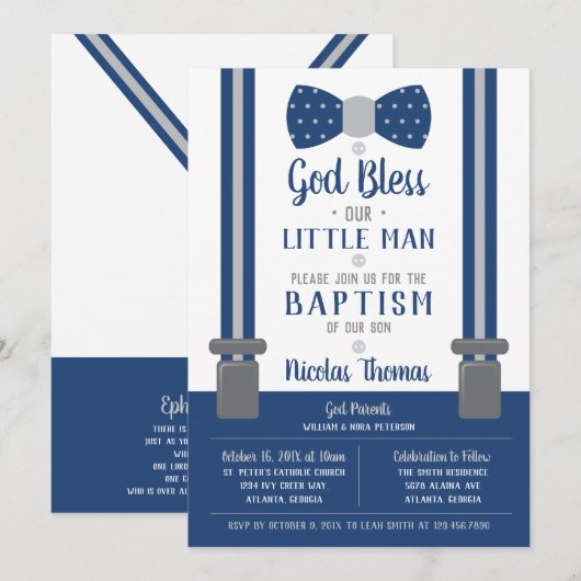 Little Man Baptism Invitation, Navy, Grey Kaart (Voorkant / Achterkant)