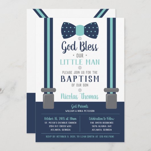 Little Man Baptism Invitation, Navy, Turquoise Kaart (Voorkant / Achterkant)