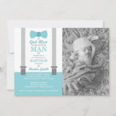 Little Man Baptism Photo Invitation, Aqua, Grey Kaart (Voorkant)
