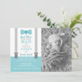 Little Man Baptism Photo Invitation, Aqua, Grey Kaart (Staand voorkant)