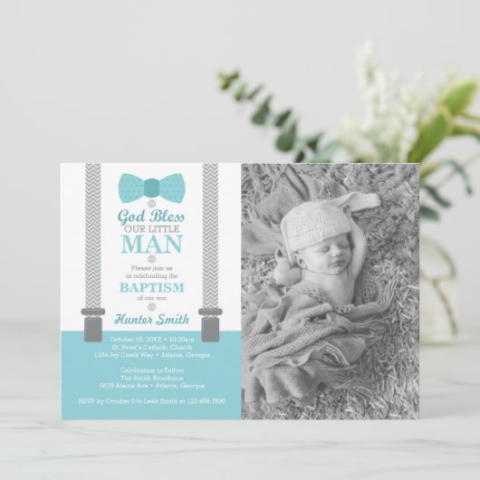 Little Man Baptism Photo Invitation, Aqua, Grey Kaart (Staand voorkant)