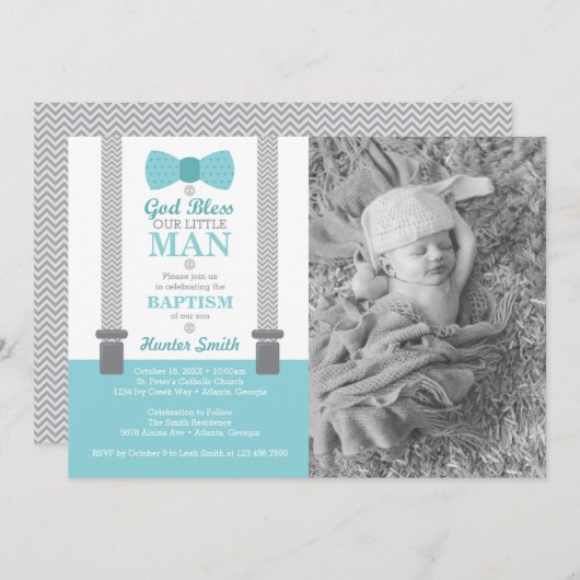 Little Man Baptism Photo Invitation, Aqua, Grey Kaart (Voorkant / Achterkant)