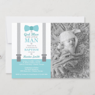 Little Man Baptism Photo Invitation, Aqua, Grey Kaart