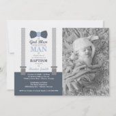 Little Man Baptism Photo Invitation Blue, Grey Kaart (Voorkant)