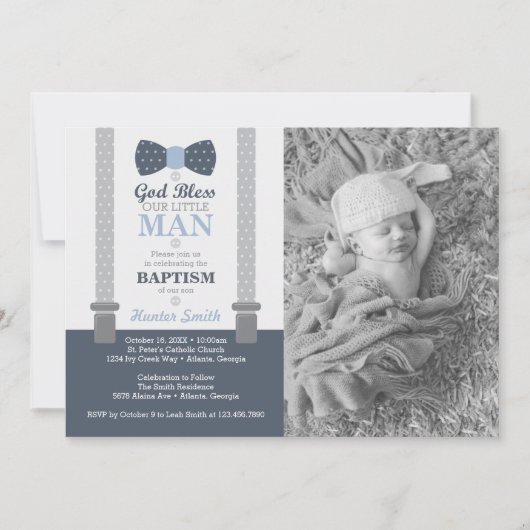 Little Man Baptism Photo Invitation Blue, Grey Kaart (Voorkant)