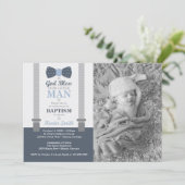 Little Man Baptism Photo Invitation Blue, Grey Kaart (Staand voorkant)