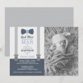Little Man Baptism Photo Invitation Blue, Grey Kaart (Voorkant / Achterkant)