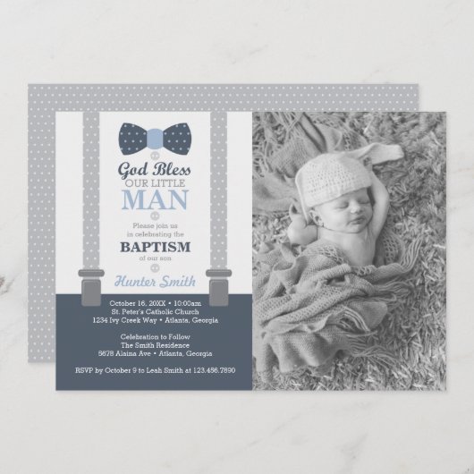 Little Man Baptism Photo Invitation Blue, Grey Kaart (Voorkant / Achterkant)