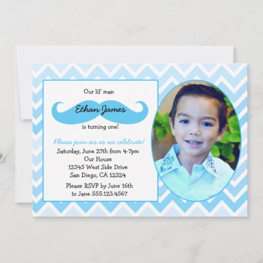 Little Man Birthday First Uitnodiging Mustache bas (Voorkant)