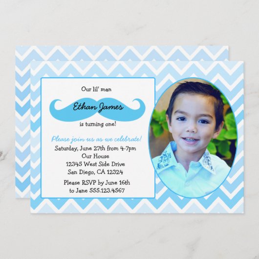 Little Man Birthday First Uitnodiging Mustache bas (Voorkant / Achterkant)