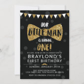Little Man Birthday Invitation, Black & Gold Kaart (Voorkant)