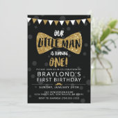 Little Man Birthday Invitation, Black & Gold Kaart (Staand voorkant)