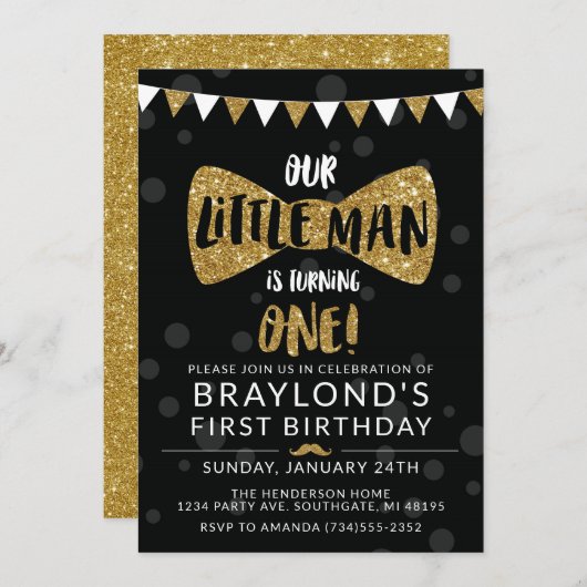 Little Man Birthday Invitation, Black & Gold Kaart (Voorkant / Achterkant)
