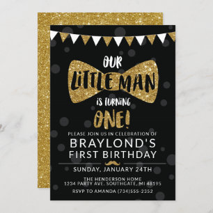 Little Man Birthday Invitation, Black & Gold Kaart