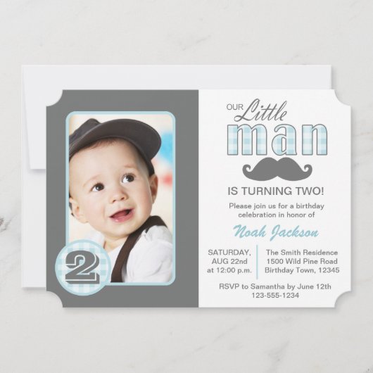 Little Man Birthday Mustache Photo Invitation Kaart (Voorkant)