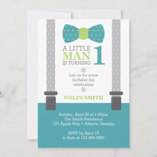 Little Man Birthday Party, Blauwgroen, grijs, groe Kaart (Voorkant)