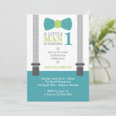 Little Man Birthday Party, Blauwgroen, grijs, groe Kaart (Staand voorkant)