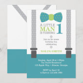 Little Man Birthday Party, Blauwgroen, grijs, groe Kaart (Voorkant / Achterkant)