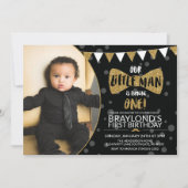 Little Man Black and Gold Photo Invitation Kaart (Voorkant)