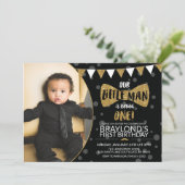 Little Man Black and Gold Photo Invitation Kaart (Staand voorkant)
