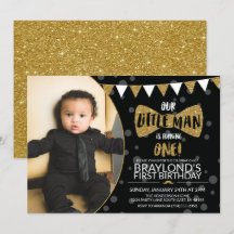 Little Man Black and Gold Photo Invitation