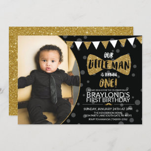 Little Man Black and Gold Photo Invitation Kaart
