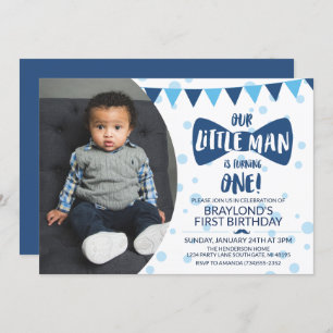 Little Man Blue Bow Stropdas Photo Invitation Kaart
