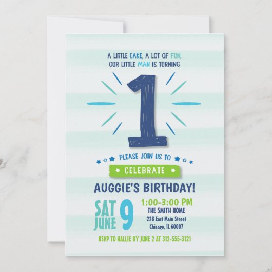 Little Man Blue en Green 1st Birthday Invitation Kaart (Voorkant)