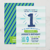Little Man Blue en Green 1st Birthday Invitation Kaart (Voorkant / Achterkant)