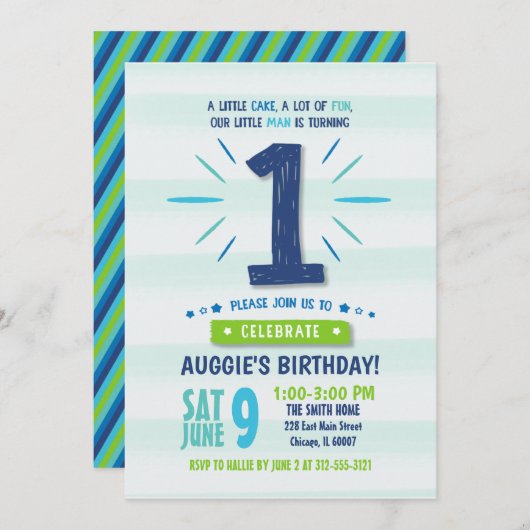 Little Man Blue en Green 1st Birthday Invitation Kaart (Voorkant / Achterkant)