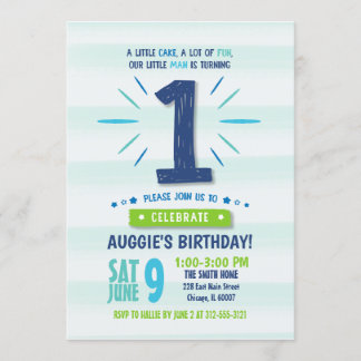 Little Man Blue en Green 1st Birthday Invitation Kaart