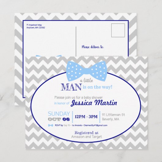 Little Man Bow Navy Blue Grey Boy Baby shower Briefkaart (Voorkant / Achterkant)