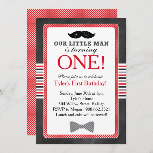 Little Man Bow Stropdas en snor Verjaardag (Rood) Kaart (Voorkant / Achterkant)