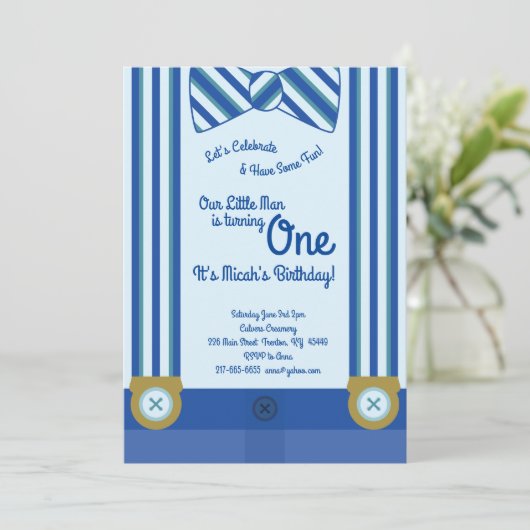 Little Man Boy 1st Birthday Schattigee Uitnodiging (Staand voorkant)