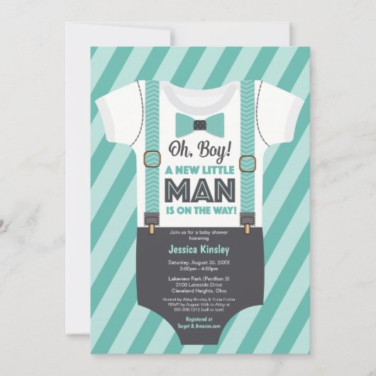 Little Man Boy Baby shower, Grey Blauwgroen Turquo Kaart (Voorkant)