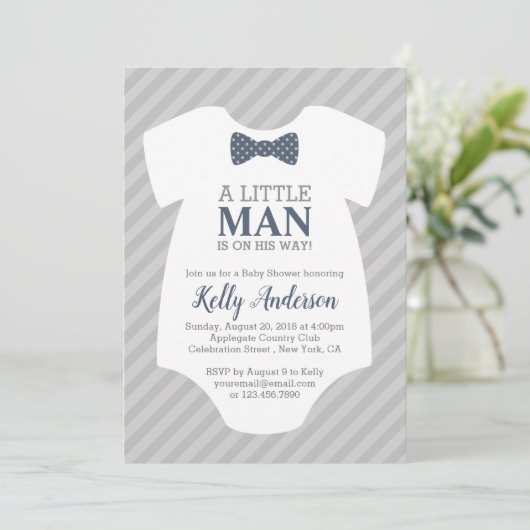 Little Man Boy Baby shower Invitation - Blue Grey Kaart (Staand voorkant)