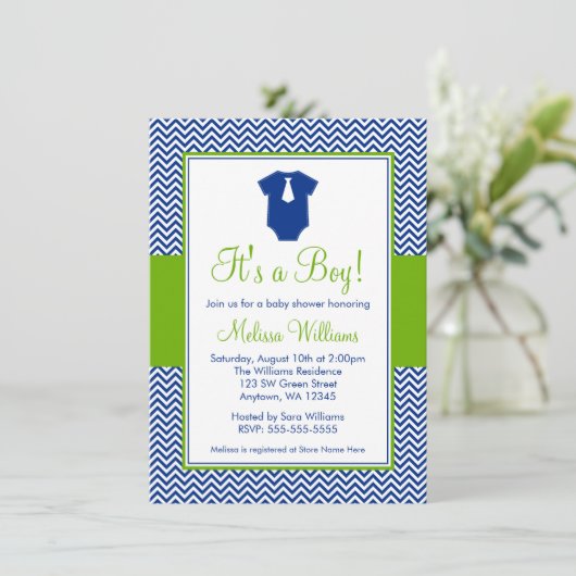 Little Man Chevron Blue Green Baby shower Kaart (Staand voorkant)