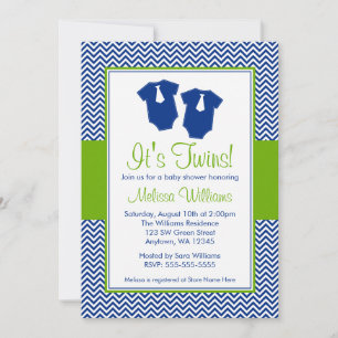 Little Man Chevron Blue Green Twins Baby shower Kaart
