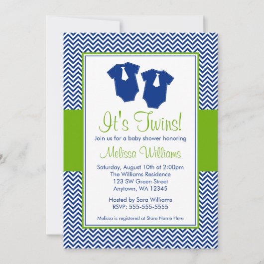 Little Man Chevron Blue Green Twins Baby shower Kaart (Voorkant)