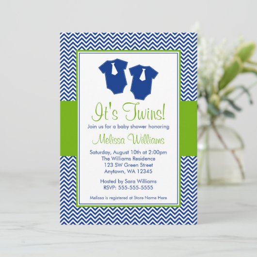 Little Man Chevron Blue Green Twins Baby shower Kaart (Staand voorkant)