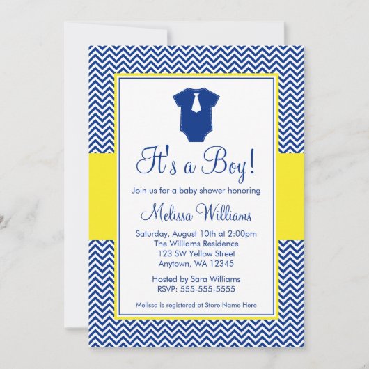 Little Man Chevron Navy Blue Yellow Baby shower Kaart (Voorkant)