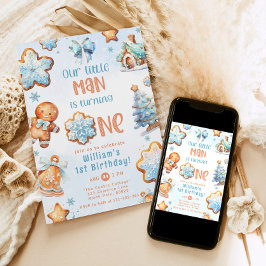 Little Man Christmas Blue Cookie 1st Birthday Kaart