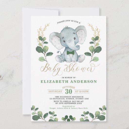 Little Man Elephant Greenery Gold Boy Baby shower Kaart (Voorkant)